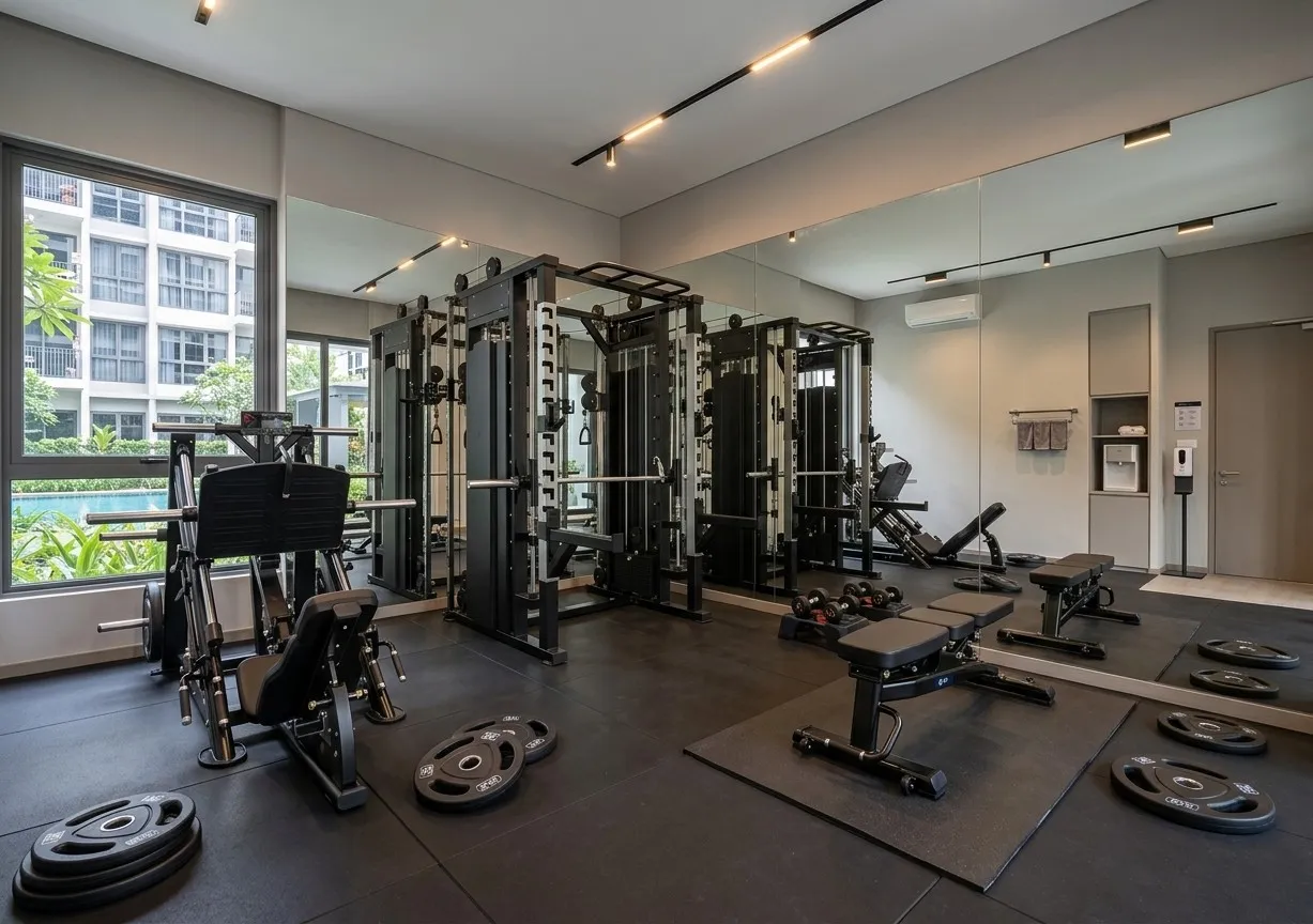 Sala de academia de condomínio com equipamentos de musculação, espelhos e piso emborrachado